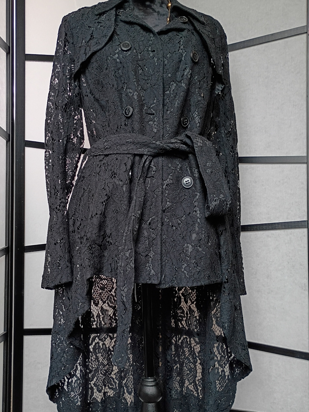 Black Lace Belted Trench Coat - Picture 4 of 8